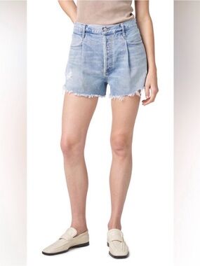 Citizens Of Humanity Franca Pleated Frayed Denim Shorts